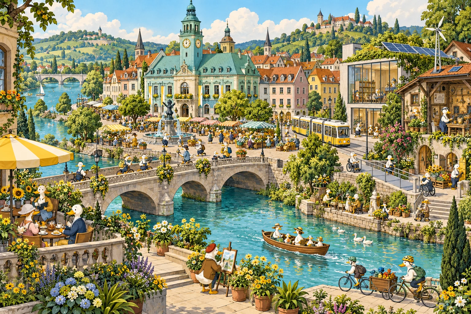 Illustrierter Marktplatz mit Rathaus, Fluss und Entenhausener Stadtleben